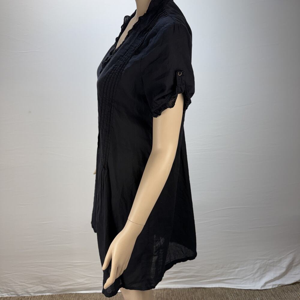 XCVI Ruffle Neck Button Up Shirt Dress Size L Black Gauze Cotton Short Sleeve - Picture 3 of 6